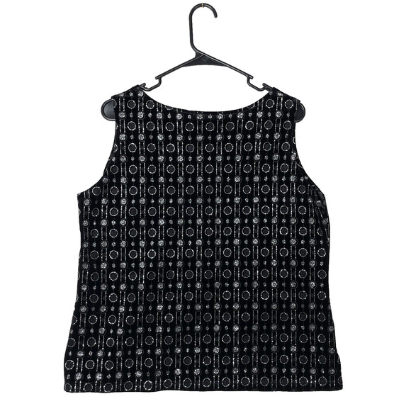 Notations Black Womens Top Velour Sparkle Geometric Silver Glitter L Y2K Party - Picture 2 of 7